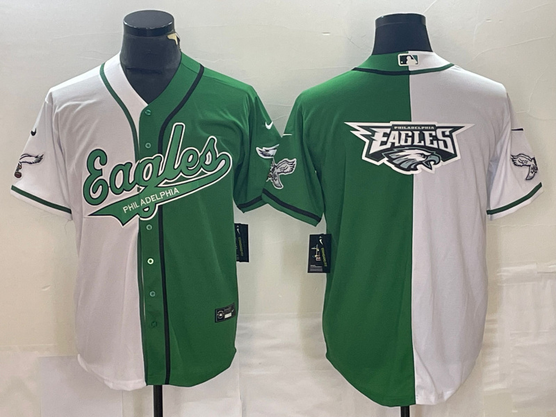 Men's Philadelphia Eagles Green/White Split Team Big Logo Cool Base Stitched Baseball Jersey Men's Philadelphia Eagles Green/White Split Team Big Logo Cool Base Stitched Baseball Jersey